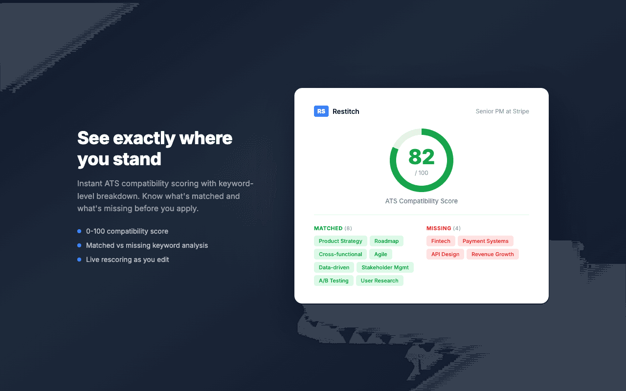 Restitch ATS match score panel showing keyword matches