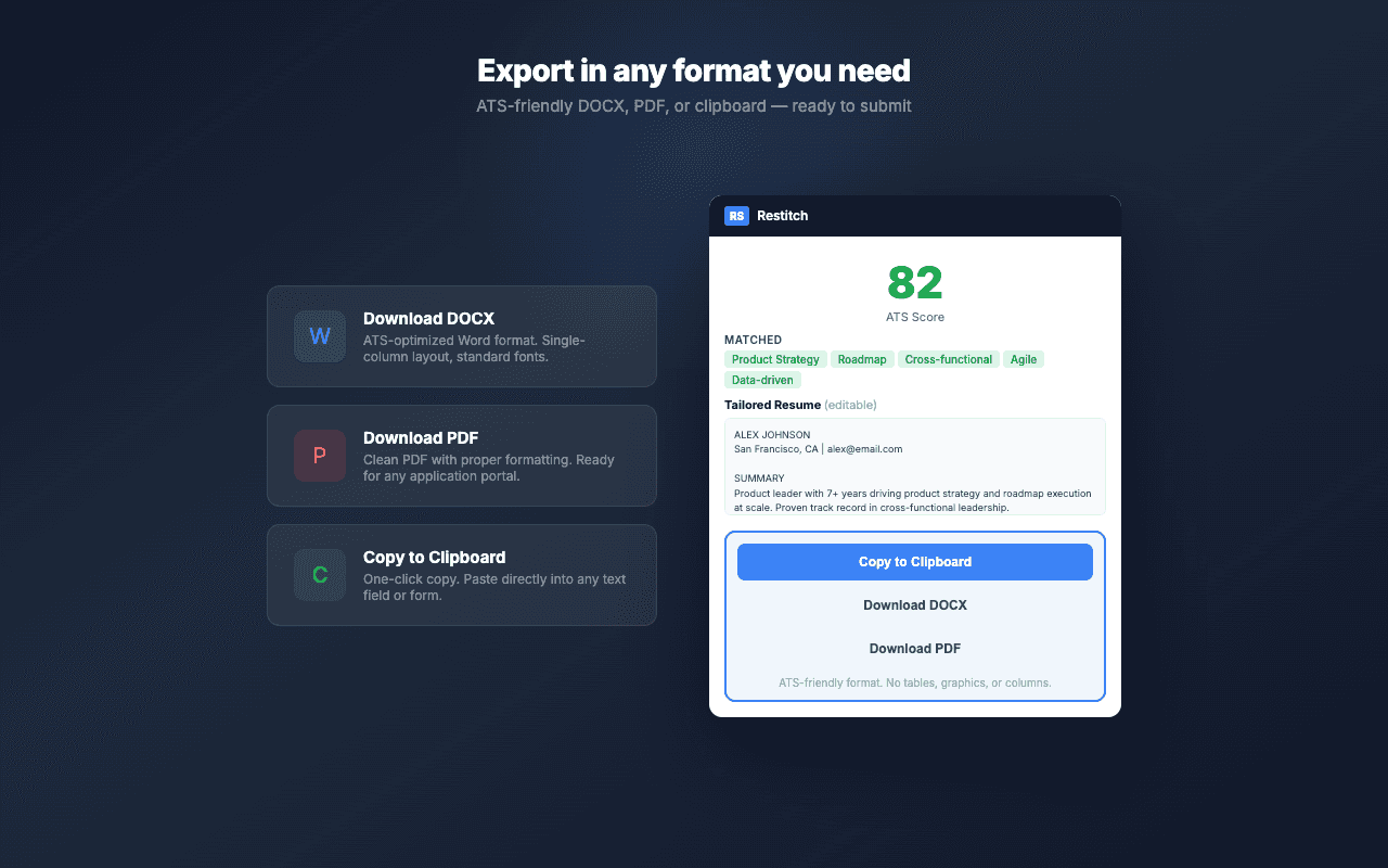 Restitch export options for PDF and DOCX